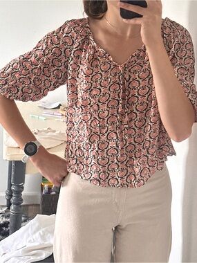 Willi Smith Pink and Black Printed Peasant Blouse